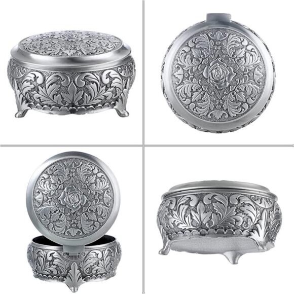 Metal Jewelry Box Vintage Ring Holder Trinket Organizer Small Round Storage Box - Picture 5 of 8